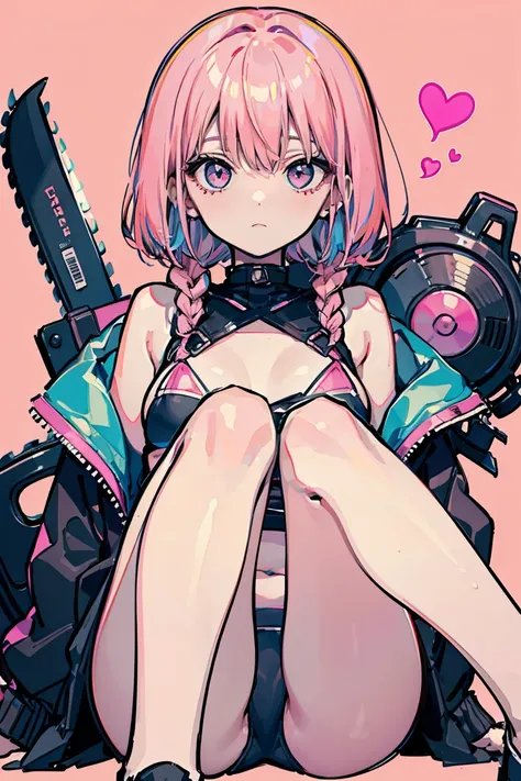 ((Makima)),  Chainsaw Man,   1 girl,   bikini,  ( knees), sweets , Pop atmosphere,  cute,    braids  ,  expressionless ,  cute衣服 ,   Round Eyes , (     heart shaped eyes ),     Pastel Pink Background  ,18 years old,   pink hair ,   beautiful,  Eyeliner,  r...