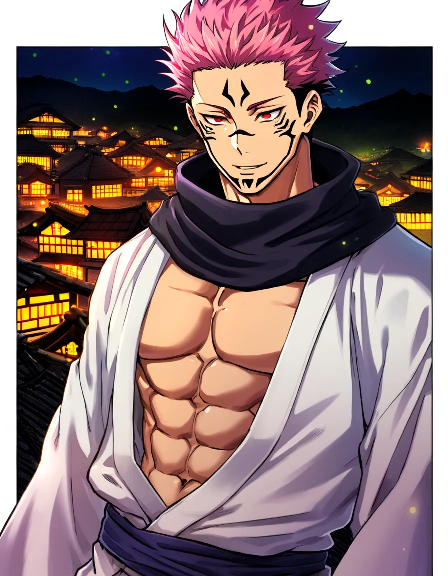 Ultra detailed, Highres, HDR, absurdres, Ryomen Sukuna, pink hair, red eyes, black scarf, white kimono, sexy man, extremely handsome, solo, very detailed face and eyes, Jujutsu Kaisen, fireflies, night, village, abs showing