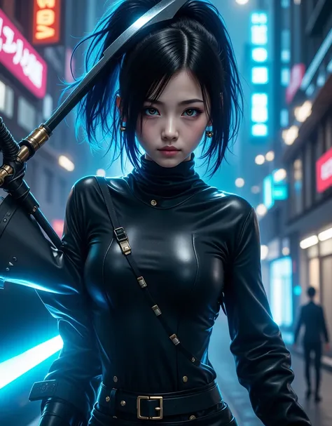 a black-haired girl in a black outfit, black star-shaped eyes, black hair with blue highlights, black sword, neon blue effects, dark futuristic cyberpunk city background, dramatic lighting, moody color palette, cinematic composition, intricate details, awa...