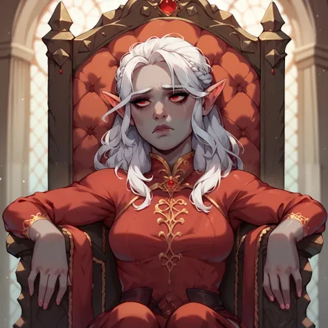 a female drow with white hair, red eyes, pointy ears and gray skin. she looks sad and depressed with bags under her eyes. she is sitting in a throne chair. she is wearing red royal attire.