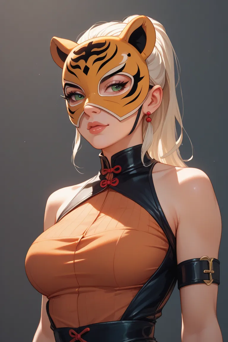 female wrstler Female Tiger Mask,unties the strings on the back of her mask by shadow man,