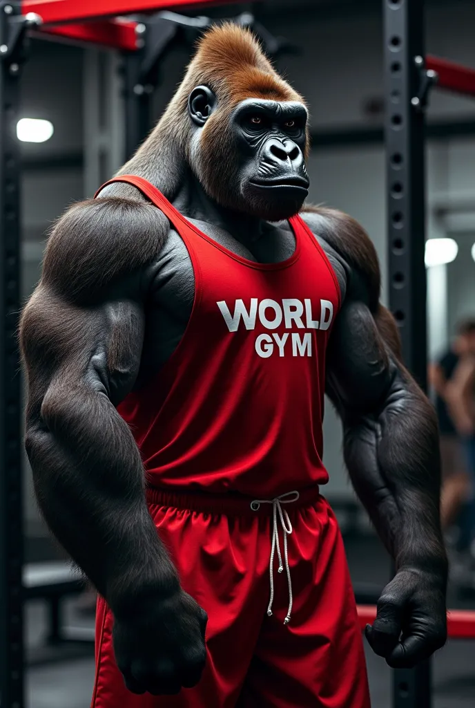 Create a very strong and muscular gorilla at a gym, with black and red equipment he needs a red tank top with the name world gym and a personalized shorts also with the name world gym 
I want you to put in an organized and attractive way the following mess...