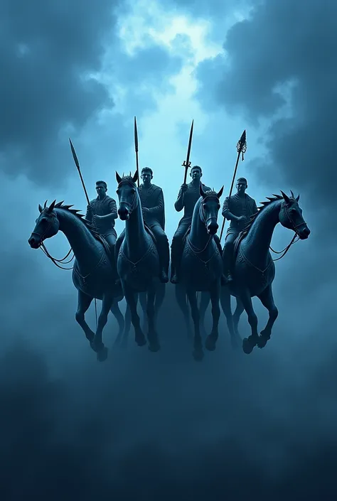 4 Horsemen of the Apocalypse wielding their weapons, Sitting on your dragons flying in the dark and blue