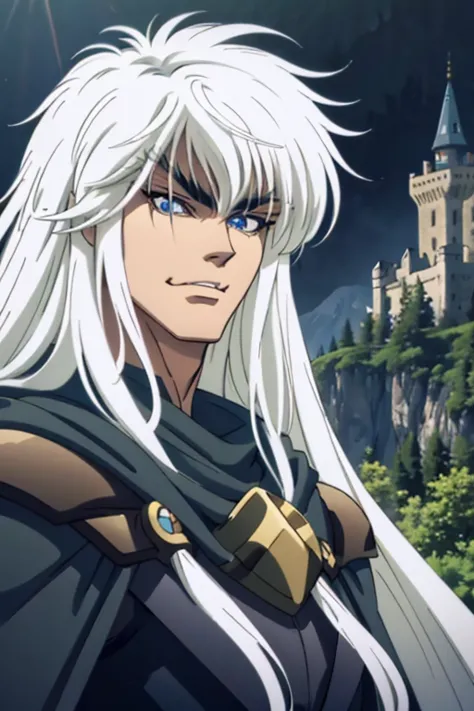 1man,solo,long hair,white hair,muscular,long eyelashes,thick eyelashes,slit pupils,cape,powering up,fangs,handsome,((perfect anatomy)),forest,castle,scenery,eclipse,