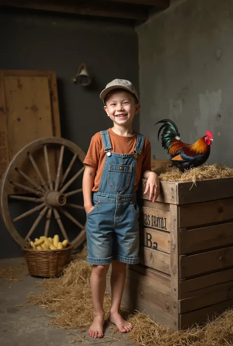 Ultra realistic photo, produced by a professional with a high-quality camera. Happy  playful country boy, short hair, in short overalls denim without shirty, color t-sirt, cap, barefoot, near of aged wooden box on which is written: "Frutas Casa Nova - Ba" ...