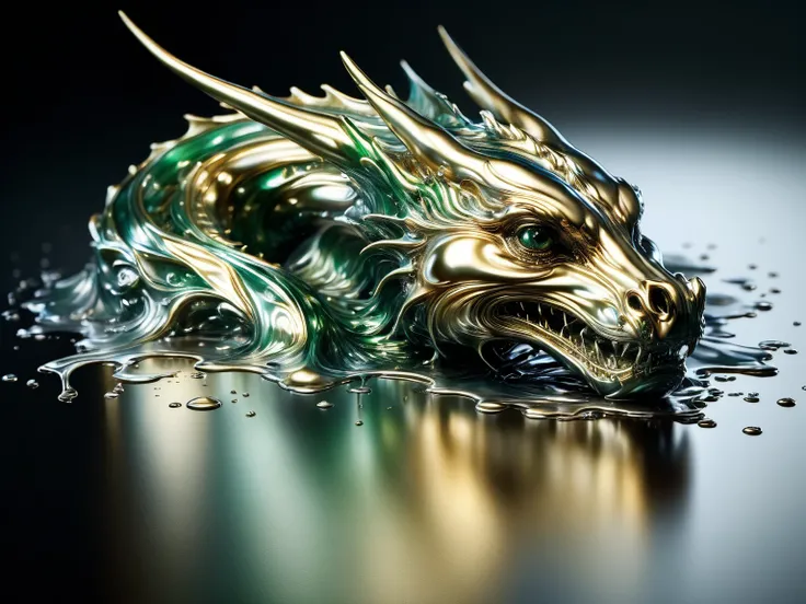 [A dragon Rising from a pool of liquid metal with golden and green hues, Very shiny, Smooth surface texture, polished surface, reflective, Front 45 degree angle, Inlay ral-chrome, PhotoPractical, HyperPractical, Ultra Detailed, Analog style, Delicate skin,...