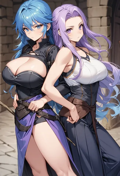 2 European medieval fantasy twin girls, Characteristics athletic, 24 ans, blue hair for 1, purple hair for 2, Long hair ,  big breasts, décolleté, calin, stick back to back, Sensual outfit 