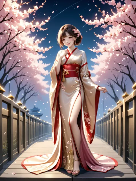  anime style、hand-drawn anime、Moe art、Dusk Approaching Weeping Sakuramori、Weeping cherry blossoms shine like red neon lights、Beautiful age girl covering her mouth with her sleeves、 happy smile 、 slender figure、 sophisticated silhouette。
The finest silk kim...