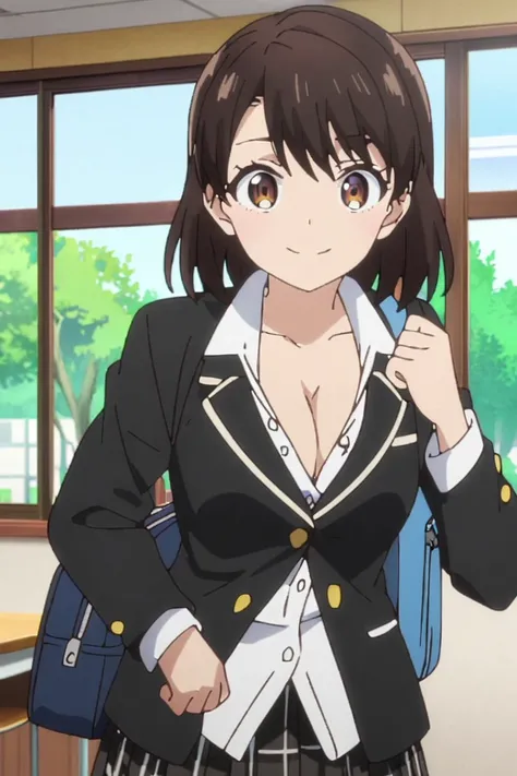 anime_screencap, 1girl, Kosaki Onodera, Nisekoi, Brown Hair, Brown Eyes,solo, school uniform, Black Blazer,Cleavage,Unbuttoned Shirt,Black Skirt, pleated skirt,plaid skirt, School_bag,smile, School,Classroom, Window,Tree, looking at viewer,cowboy shot, 