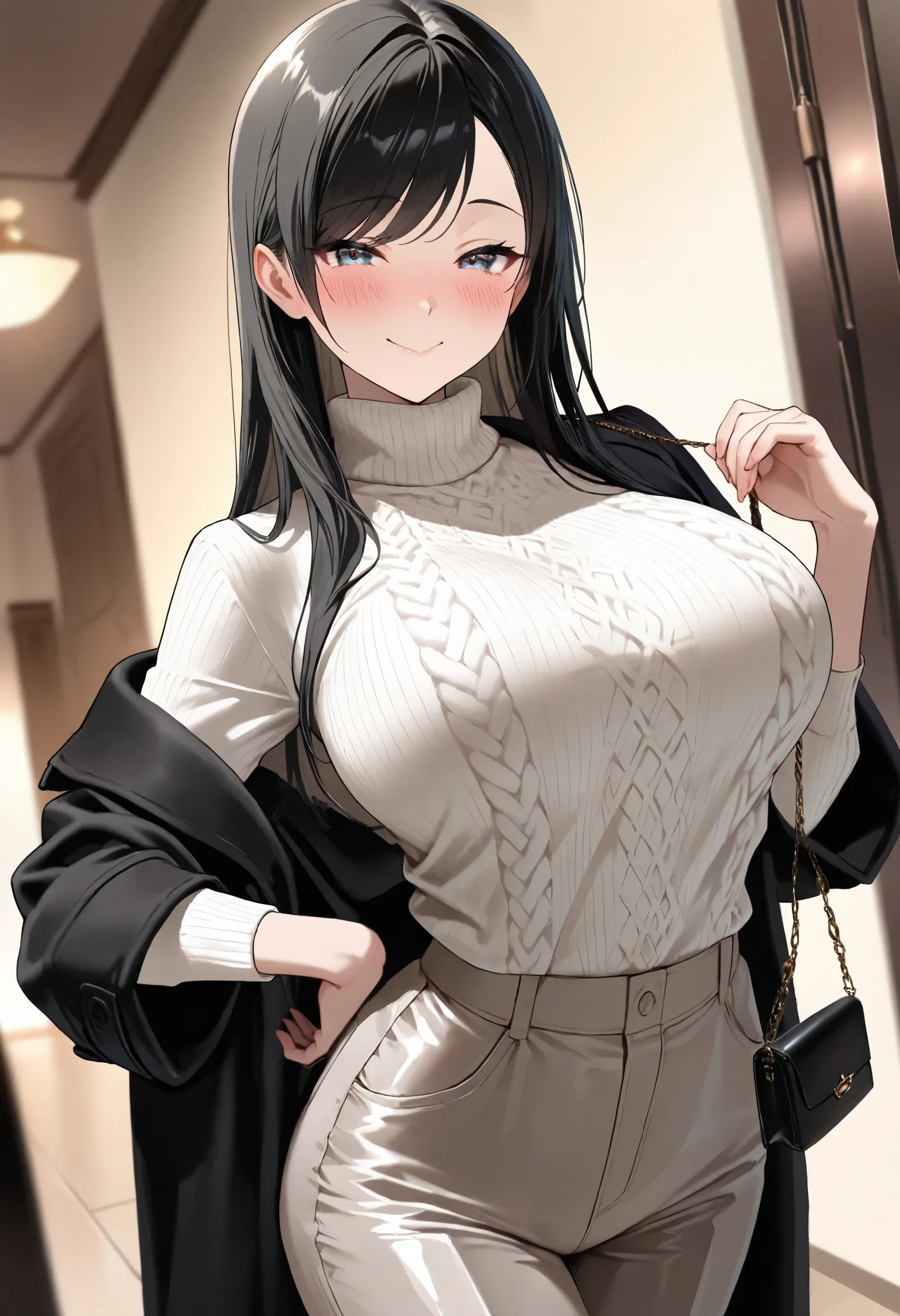 (best quality, masterpiece, ultra detailed, high resolution), Beautiful 8K CG artwork, Enriched photography, anatomically accurate body, depth of field,  1girl, elegant yet sexy girl, (long hair, black straight hair, swept bangs), 
round large breasts, bre...