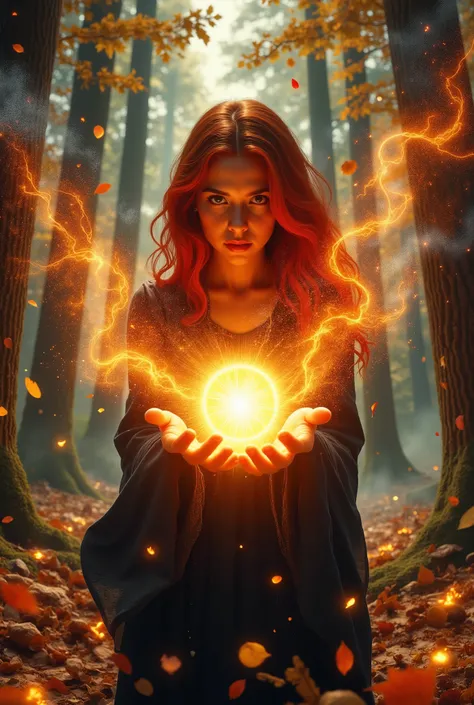 (( Highly detailed photo : )) face focus young red-haired young 15-year-old woman in a black dress holding a glowing fireball, злая огненная witch в лесу, casting fire spell , witch, throws a fireball, casting a fire spell , witch tale , WOMAN OF M...