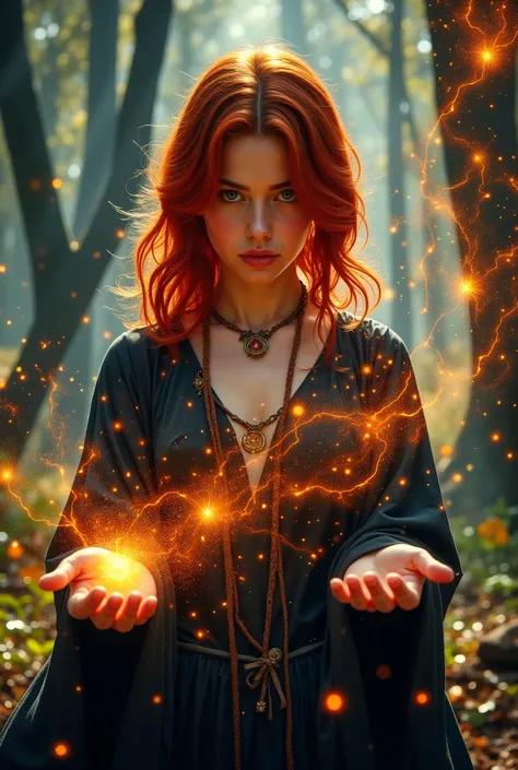 (( Highly detailed photo : )) face focus young red-haired young 15-year-old woman in a black dress holding a glowing fireball, злая огненная witch в лесу, casting fire spell , witch, throws a fireball, casting a fire spell , witch tale , WOMAN OF M...