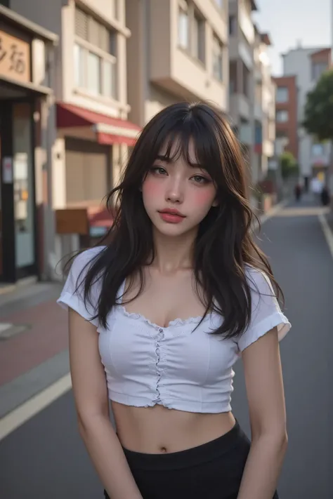 (Best quality, 8k, 32k, Masterpiece, UHD:1.2), pretty Japanese girl with perfect body, (tiny T-shirt), underboob, (gigantic breasts:1.3), skinny leging, smile, city street, (long hair), navel, thin waist, (beautiful legs), bangs