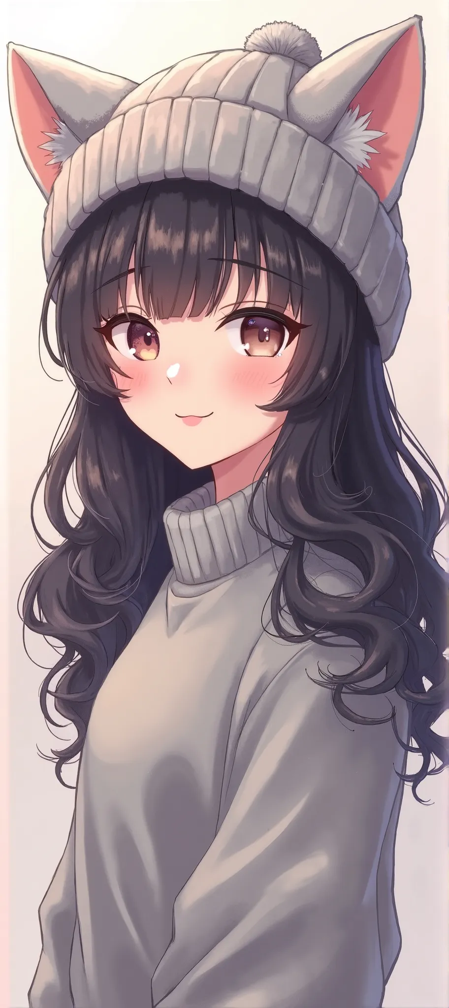 Cute feminine kawaii drawing, long curly dark hair with fringe , dark cat ears, eyes closed,  tender face, sweet smile,  gray wool hat , Grey sweater , cute pose for profile picture 