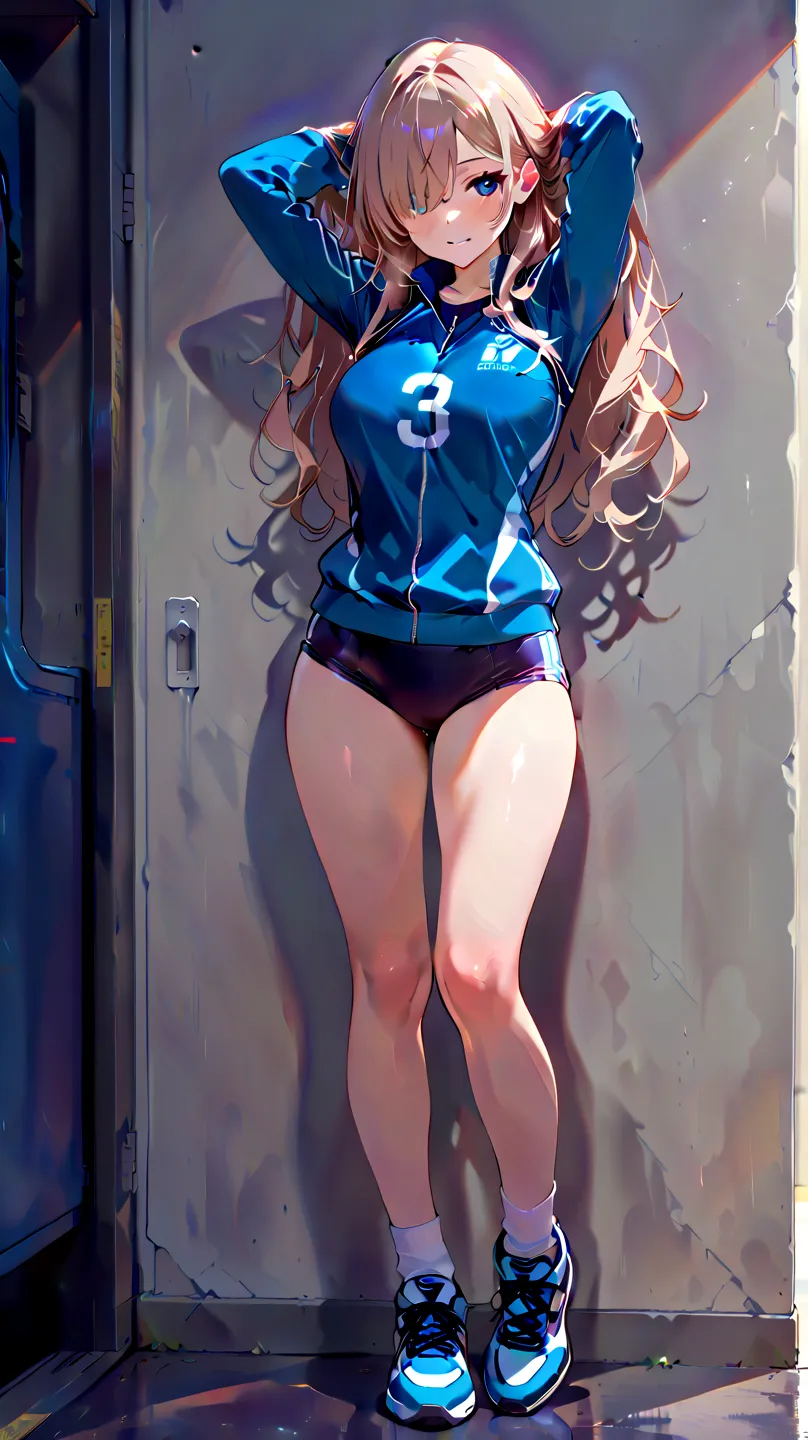 ((full body)),  masterpiece, top quality,  super precise, 1 girl,  short light brown hair ,  Wear your hair over one eye ,  blue eyes,  Blue Volleyball Jerseys,  standing,  putting arms behind head ,  Light Smile,   volleyball coat ,  perfect body,  perfec...