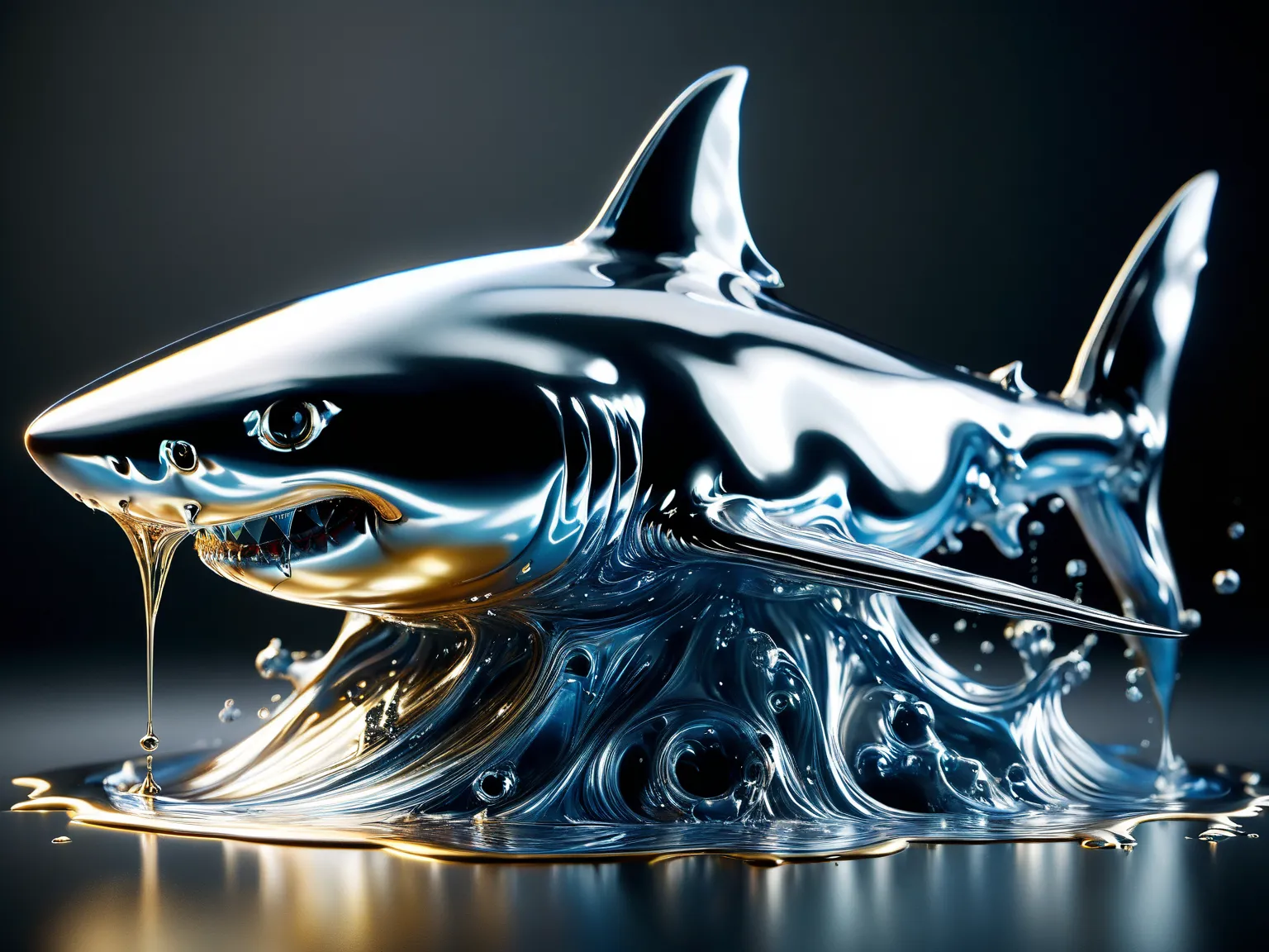 [A shark jumping from a pool of liquid metal with golden and blue hues, Very shiny, Smooth surface texture, polished surface, reflective, Front 45 degree angle, Inlay ral-chrome, PhotoPractical, HyperPractical, Ultra Detailed, Analog style, Delicate skin, ...