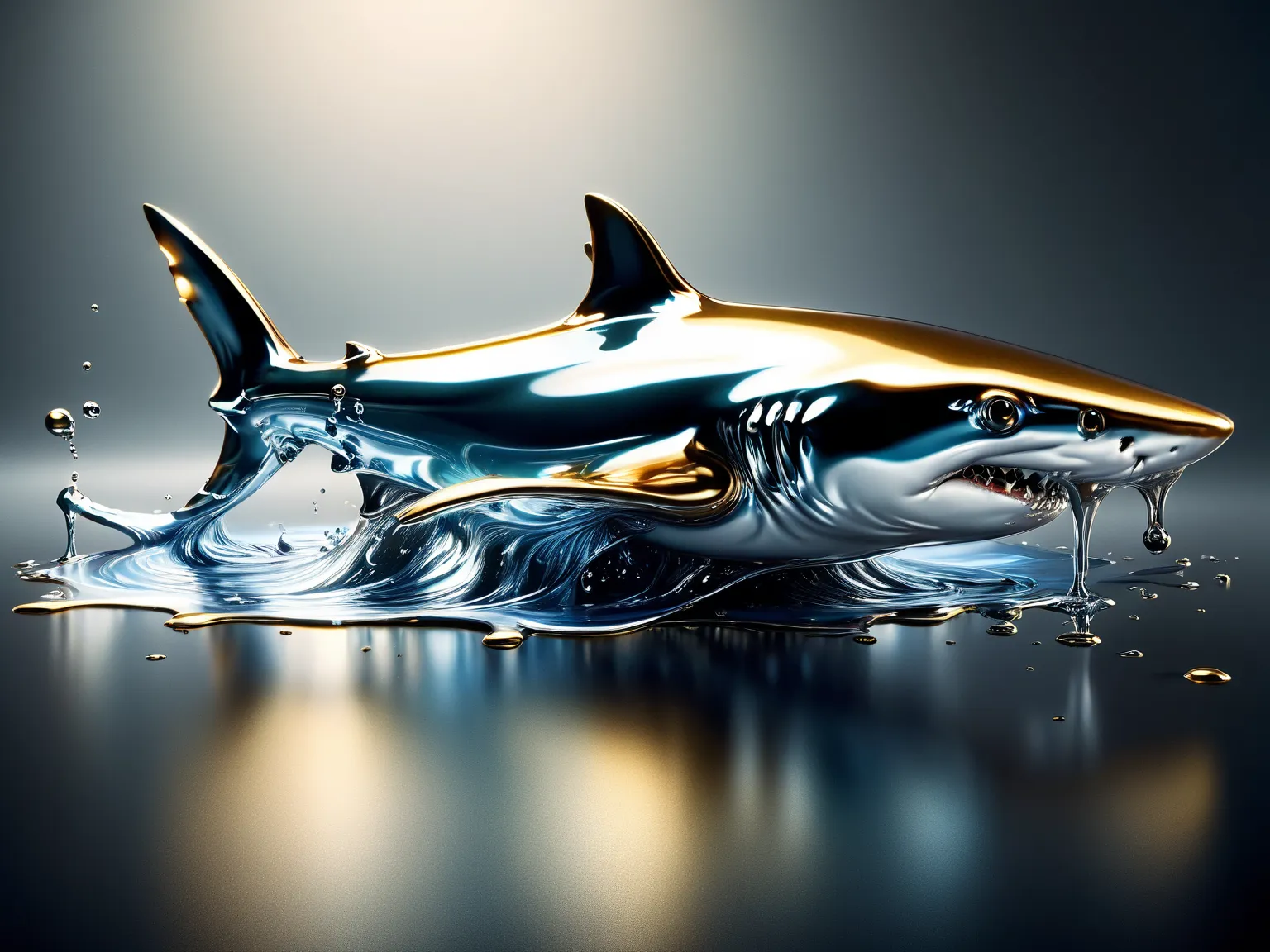 [A shark jumping from a pool of liquid metal with golden and blue hues, Very shiny, Smooth surface texture, polished surface, reflective, Front 45 degree angle, Inlay ral-chrome, PhotoPractical, HyperPractical, Ultra Detailed, Analog style, Delicate skin, ...