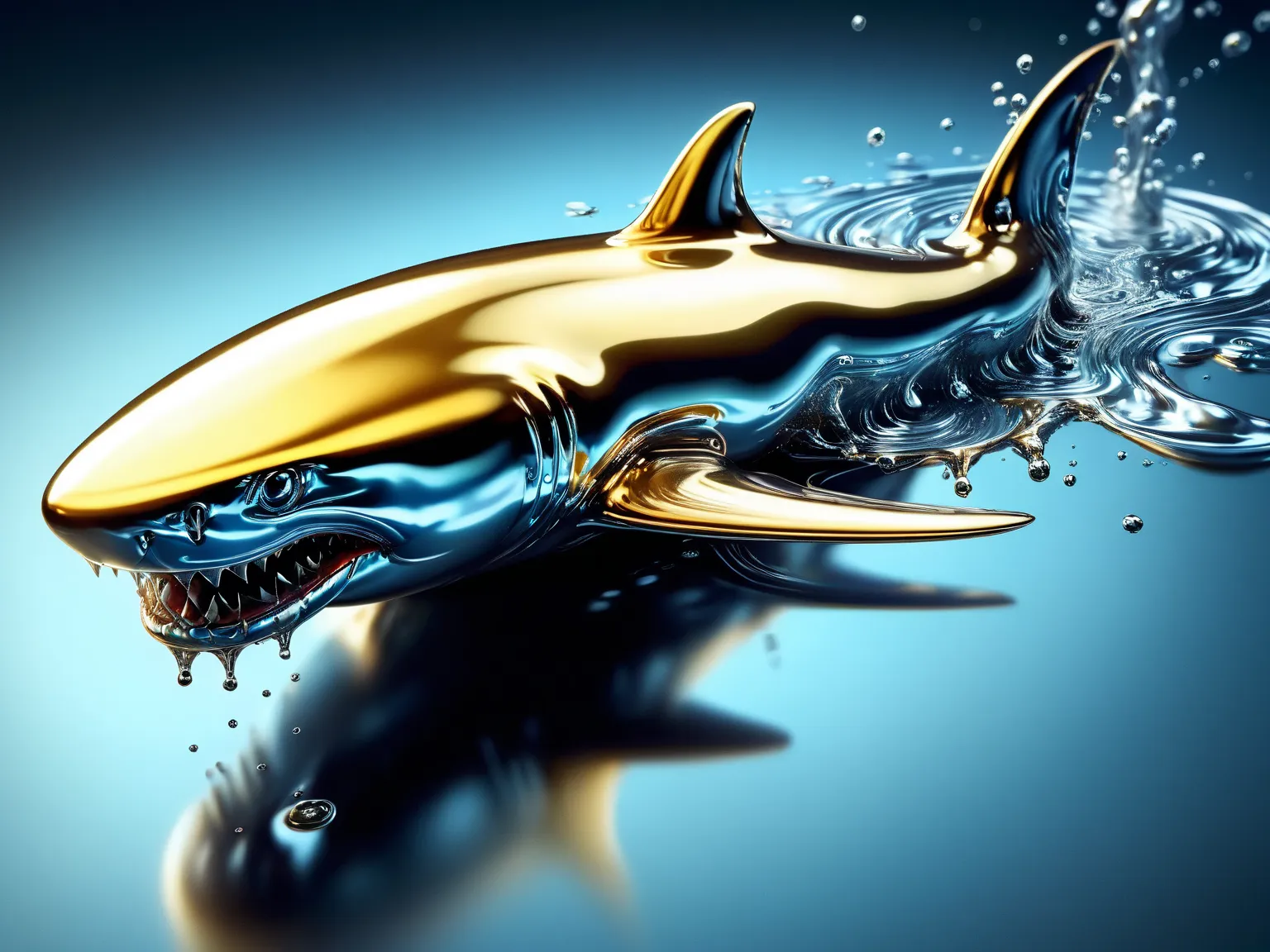 [A shark jumping from a pool of liquid metal with golden and blue hues, Very shiny, Smooth surface texture, polished surface, reflective, Front 45 degree angle, Inlay ral-chrome, PhotoPractical, HyperPractical, Ultra Detailed, Analog style, Delicate skin, ...