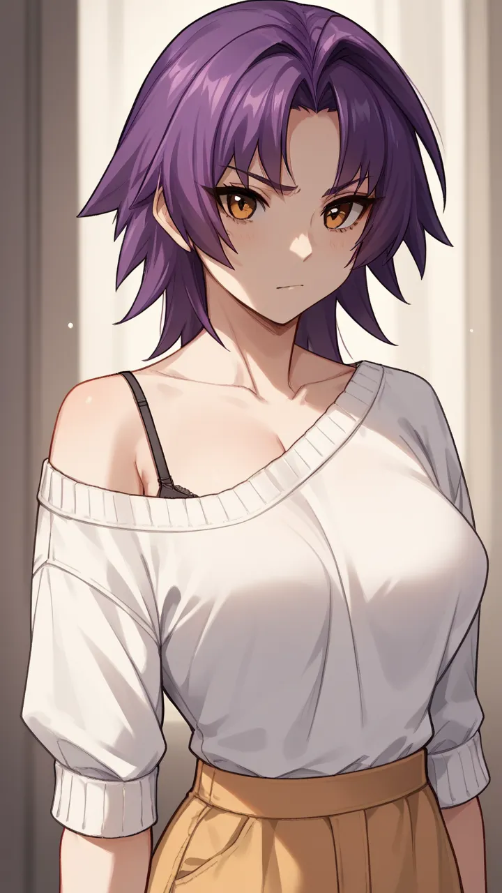   score_9,   score_8_up,   score_7_up,   score_6_up, 1 girl,stupid hair,  purple hair,  split bangs ,  medium hair,nice,  big head,  big breasted,Wearing clothes, popup,45 years old,underwear