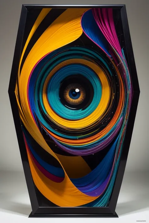 Colorful Memories — A picture of a sculpture resembling a lifeform made from televisions with a background of a contemporary art museum with other pieces of abstract art around it. Small contrasting details in fresh colors. Eye popping color. Anamorphic.