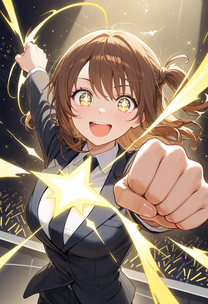 girl in suit , Hair swirling in strong winds  , Dynamic angle , clenched fists in left hand and stretched up  , excited expression  , to reach out to the audience , sparkling eyes , Star , Flash 