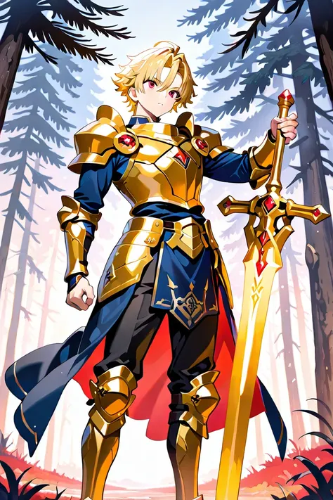 MASTERPIECE, BEST QUALITY, ULTRA DETAILED, HIGH DEFINITION, ILLUSTRATION, HYPER DETAILED, ALONE, (warrior), 1 boy, blond, short layered hair, red eyes, wart next to the eye, thin, holding a beautiful golden sword with red details. Outfit: black pants, dark...