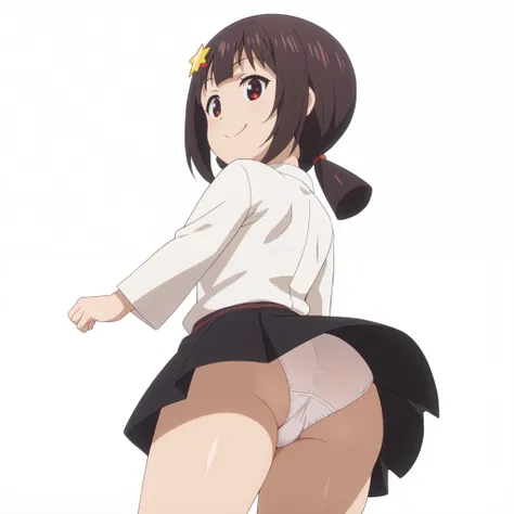 Komekko, White background, Whole body, smile, looking at the viewer, black skirt, white socks, White shirt, layer, white panties, crotch shot, low angle, bewitching thighs, chibi versión, 1 girl, Back, ass