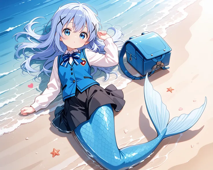 1girl, blue eyes, chino_kafu, periwinkle colored hair, tiny, cute, innocent, long hair, hair ornament, blue hair, dynamic pose, mermaid, light blue tail, lay on beach, on back, partially submerged, ocean, morning, looking at viewer, skirt, long sleeves, bo...