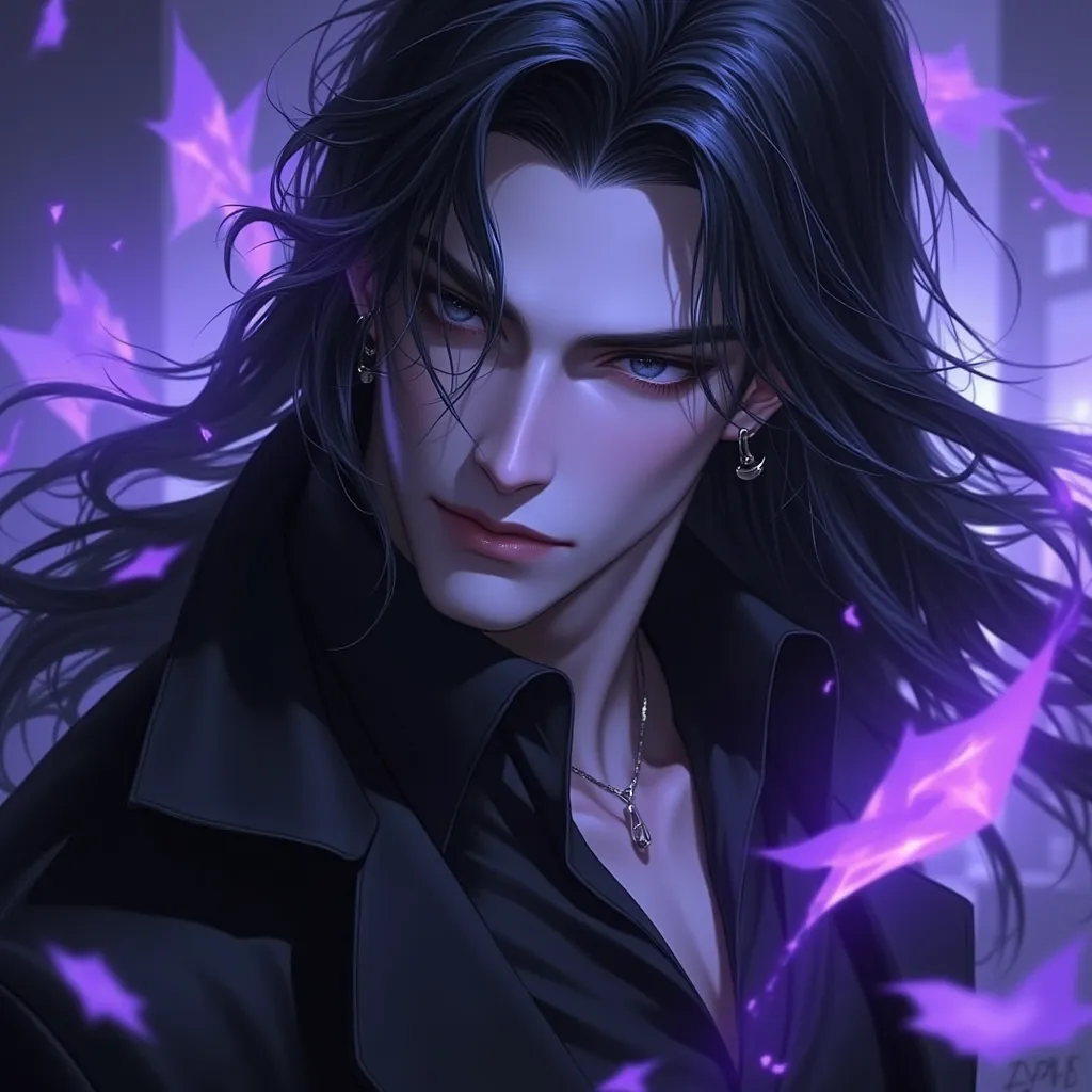 A man in late twenties with long flowing black hair with silver streaks. He has piercing blue-grey eyes. His body is emanating violet aura. He is wearing dark and muted clothes for stealth. His nose is straight and slender. His lips are thin and firm. He i...