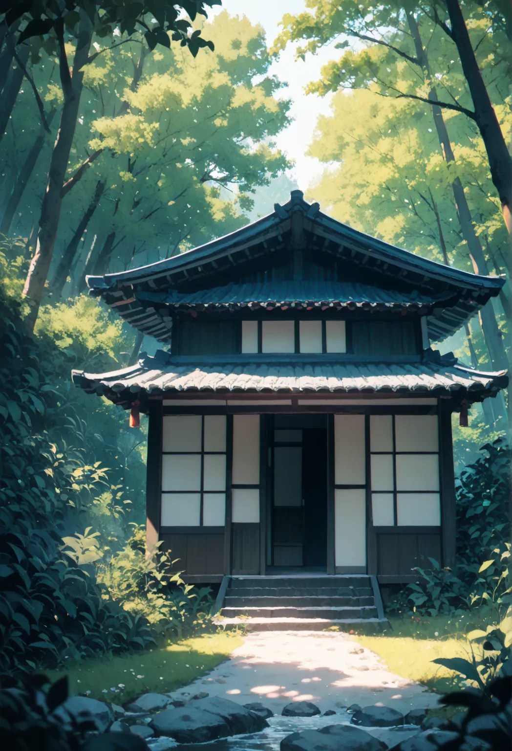 In the forest, in an old Japanese house, during the day,