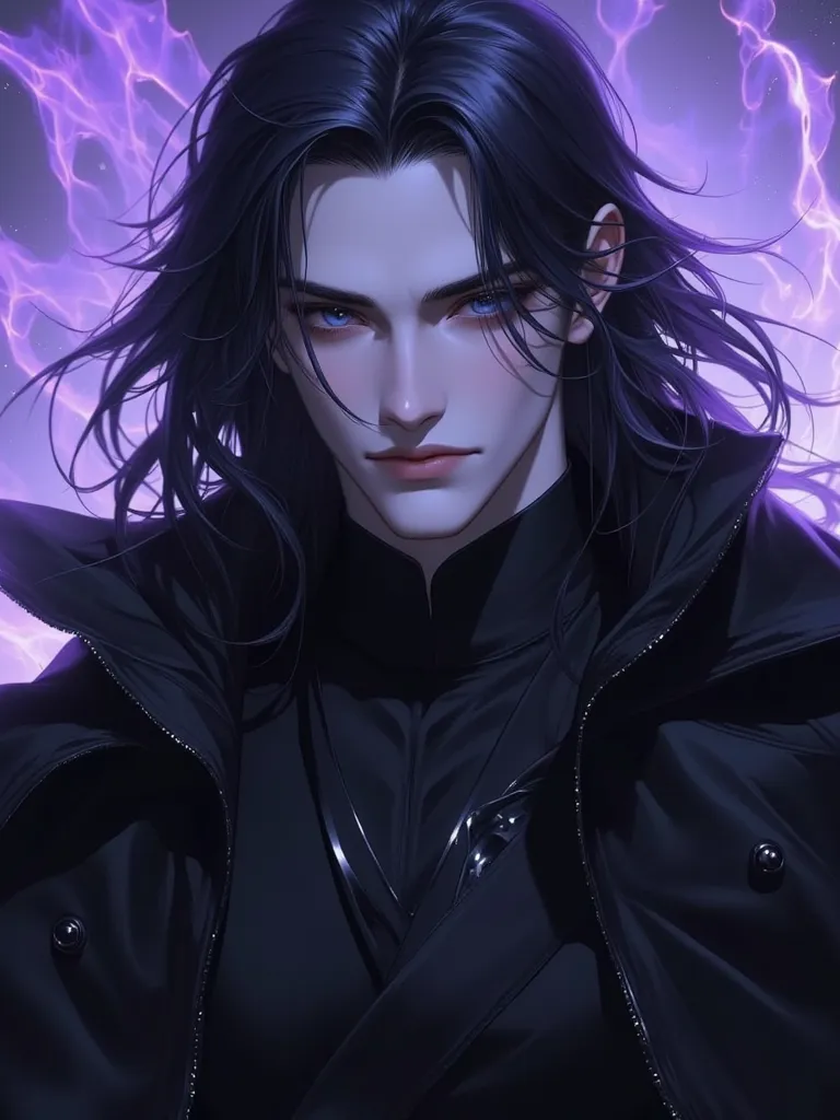 A man in late twenties with long flowing black hair with silver streaks. He has piercing blue-grey eyes. His body is emanating violet aura. He is wearing dark and muted clothes for stealth. His nose is straight and slender. His lips are thin and firm. He i...