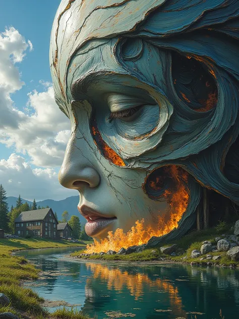 A hollow face close of a field burning inside, cloudy daylight blue sky, ornaments, thoughts emergings and steam, lake very reflective, a house far, all inside the hollow face, abstract fractures of retangle shapes, dividing the background, spirituality th...