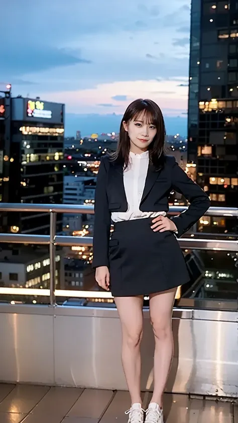  confident young woman , black hair short, Standing on a rooftop at dusk , (front view,  Full Body Shot, Central composition),   wide angle shot ,  The cityscape of 、 Neon Light Shining on Background ,  super high resolution,  Dramatic lighting ,  8k resol...