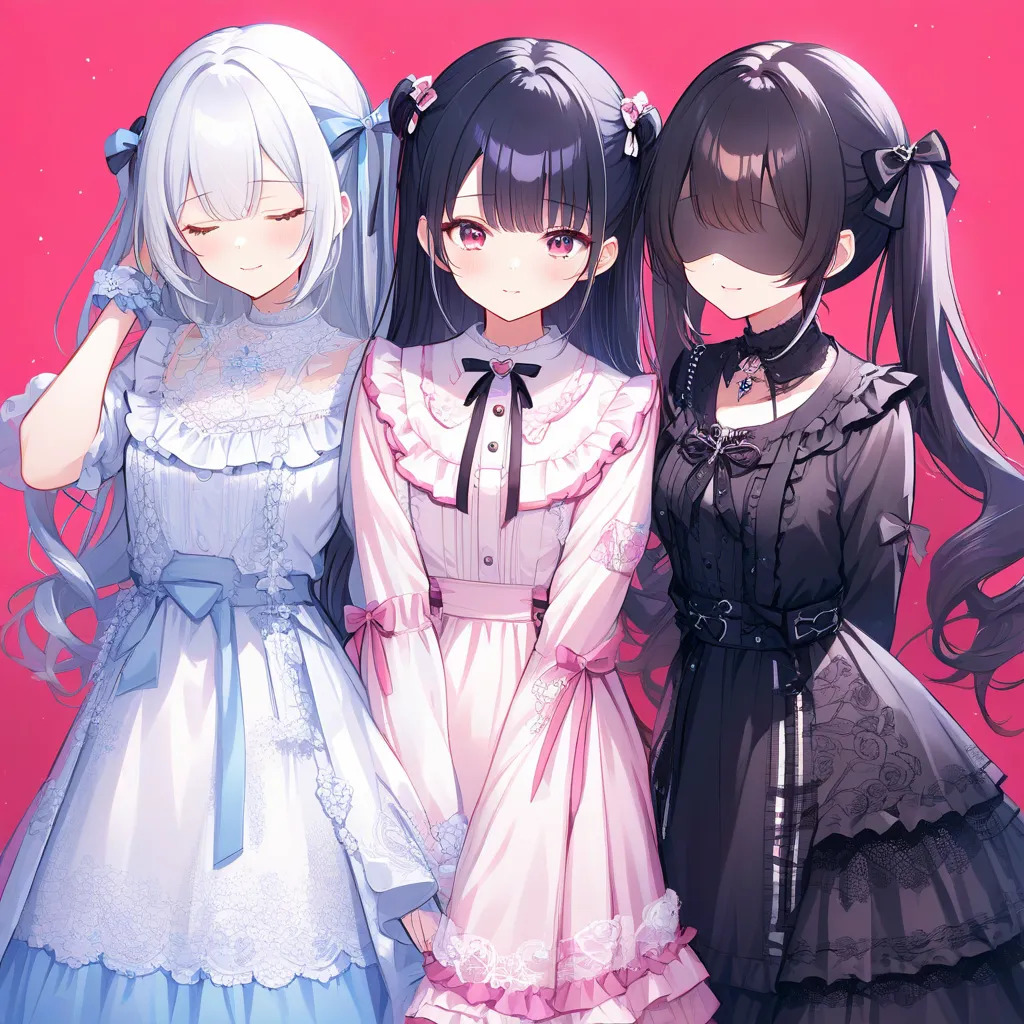 Three *jirai kei* girls stand together, against a solid pink background, each with distinct features.  

Girl 1 has long, flowing white hair, with bangs that frame her face, wearing a delicate blue and white dress, adorned with intricate lace, ribbons tied...