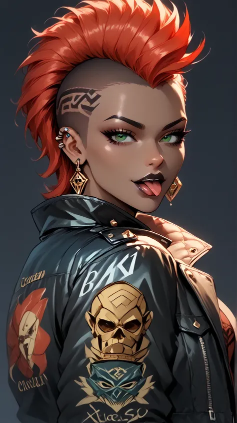  Black woman, alone, dark chocolate colored skin,  red hair,  green eyes, mohawk hair, leather jacket, toys, piercing,  big jacket, big boobs,  from the back to the viewer , looking at the spectator, Sorriso Rebelde , tongue out,  simple background,  Dark ...