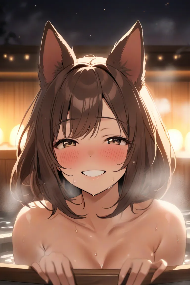 top quality,  masterpiece,  nothing , 8k, ( 1 girl ),  alone, (((face shot))),  brown shorthair , Beautiful Girl with Dog Ears,  Dog's First Wheel, dark brown droopy , (((smile))), , (smile) ,  troubled face, Soak in a warm hot spring, (close up), ( toro f...