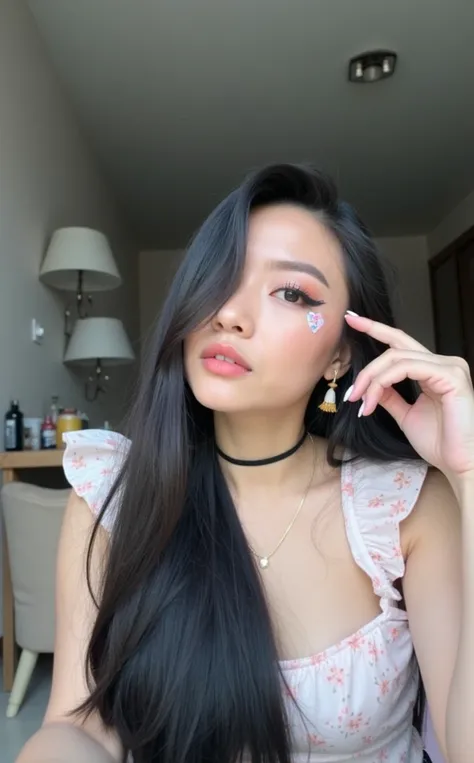 A Beautiful asian women with long black straight hair, 20 years old,sexy, wearing a cute, nightview,  nighttime, cat eye make-up, beautiful eyes ,  full body shot, sexy pose,  sexy pose, High resolution, selfie, good quality,  masterpiece, sexy pose,full b...