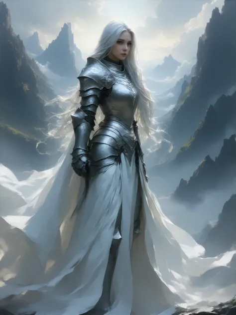 Dungeons and Dragons, female Paladin, beautiful face, very long silver hair, fantasy background, sexy, seductive, high detail, masterpiece.