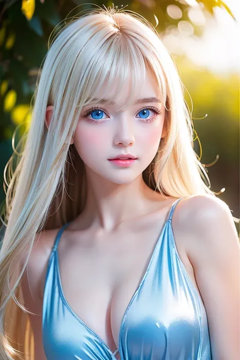  beautiful incredibly bright pale baby blue very light blue eyes、 Very big bright eyes 、Blonde hair dancing in strong winds interferes with her cute innocent young face、Sexy big boobs、 cute little beautiful face at age 16 、Shiny bright straight super long ...