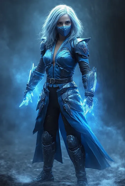 (((Frost de Mortal Kombat,  ultra realistic))), ((( full body))), (((perfect hands))), old background, (((Perfect Weapons))),  She must be dressed in blue and silver cybernetic armor ,  reflecting its fusion with cryogenic technology .  Your costume must b...