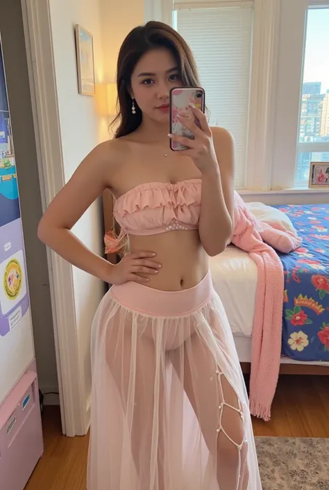 A mirror selfie in a vibrant, student-themed room with a city view glowing in the background. A woman strikes a confident pose in a soft blush-pink ruffled bikini with delicate pearl embellishments. The bandeau top features cascading ruffles, while the hig...