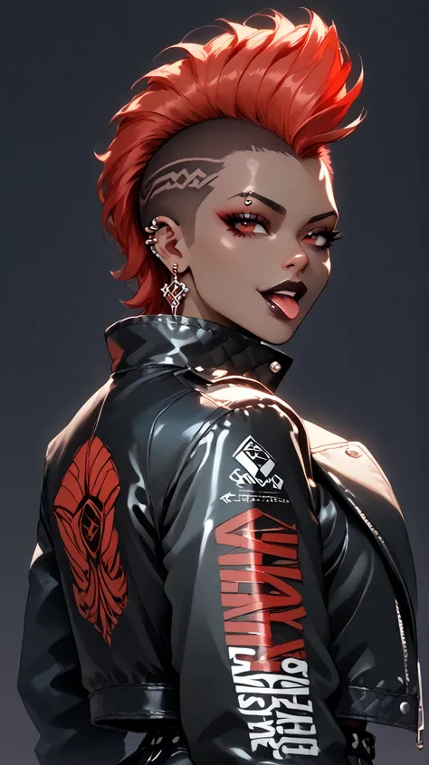  Black woman, alone, dark chocolate colored skin,  red hair,  red eyes, mohawk hair, leather jacket, toys, piercing,  big jacket, big boobs,  from the back to the viewer , looking at the spectator, Sorriso Rebelde , tongue out,  simple background,  Dark ba...