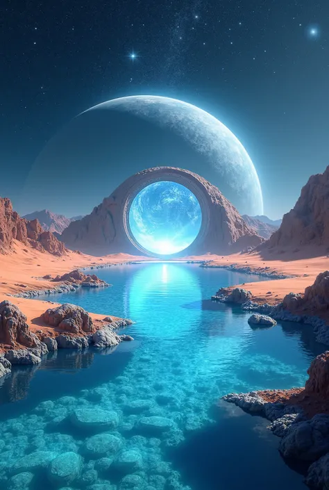 Crystal lagoon in the desert a portal in the background landscape of another giant planet stars