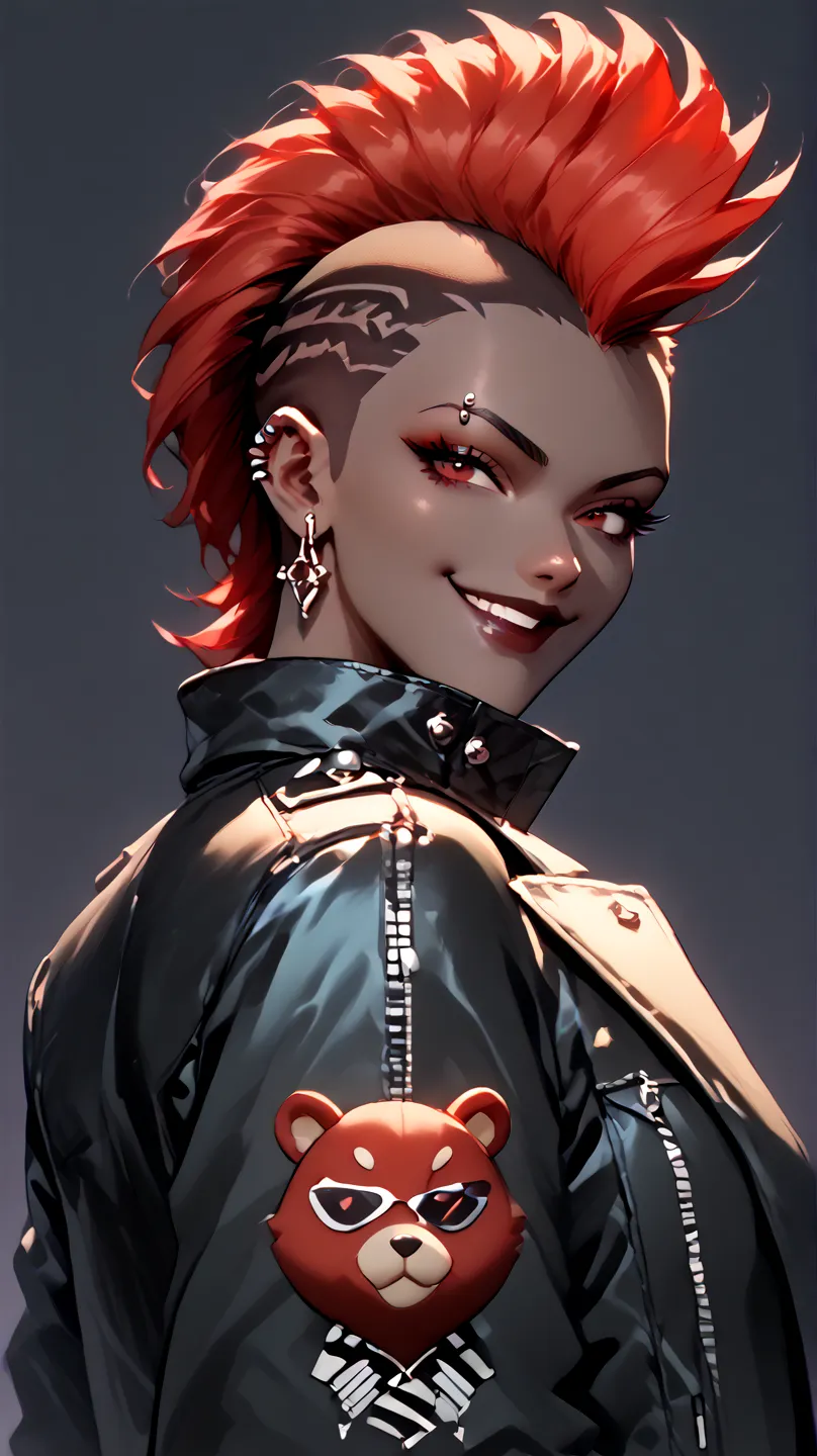  Black woman, alone, dark chocolate colored skin,  red hair,  red eyes, mohawk hair, leather jacket, toys, piercing,  big jacket, big boobs,  from the back to the viewer , looking at the spectator,  confident smile ,  simple background,  Dark background