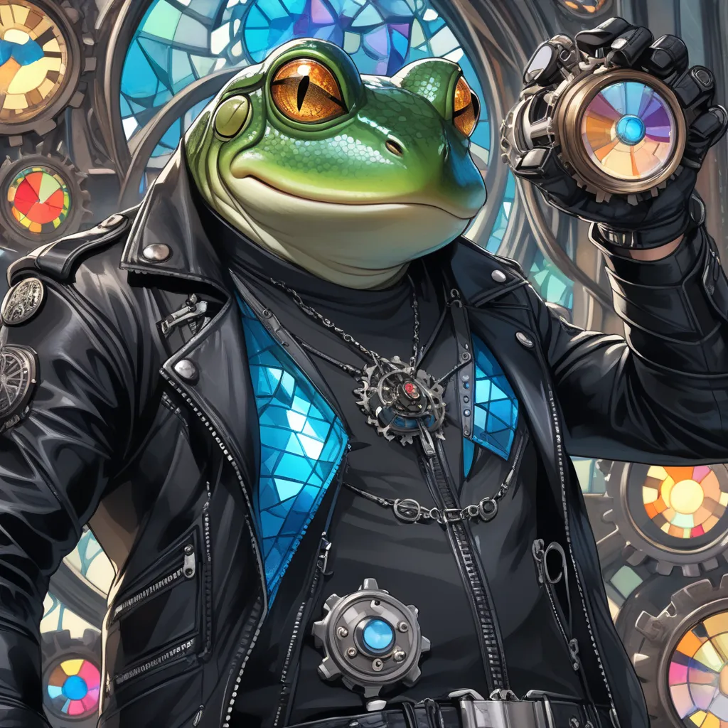 Closeup, Watercolor, digital comic book art style, best quality, super fine, 16k, incredibly absurdres, extremely detailed, delicate and dynamic, an extremely badass anthropomorphic light blue and white bullfrog wearing an insanely cool black leather biker...