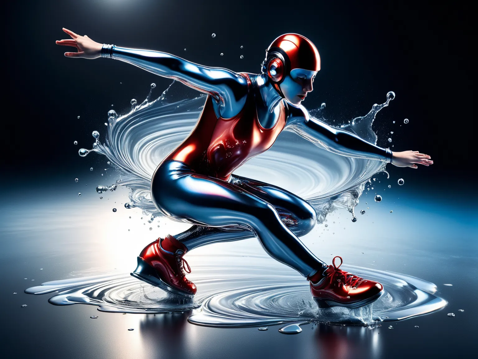 [An olympic ice skater jumping from a pool of liquid metal with red and blue hues, Very shiny, Smooth surface texture, polished surface, reflective, Front 45 degree angle, Inlay ral-chrome, PhotoPractical, HyperPractical, Ultra Detailed, Analog style, Deli...