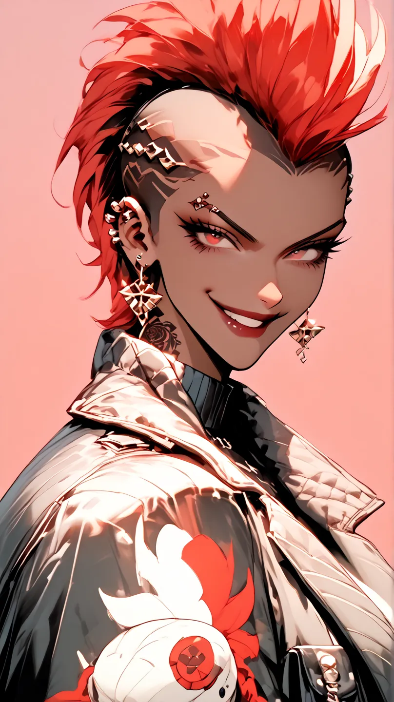  Black woman, alone, dark chocolate colored skin,  red hair,  red eyes, mohawk hair, leather jacket, toys, piercing,  big jacket, big boobs,  from the back to the viewer , looking at the spectator,  confident smile ,  simple background,  Dark background