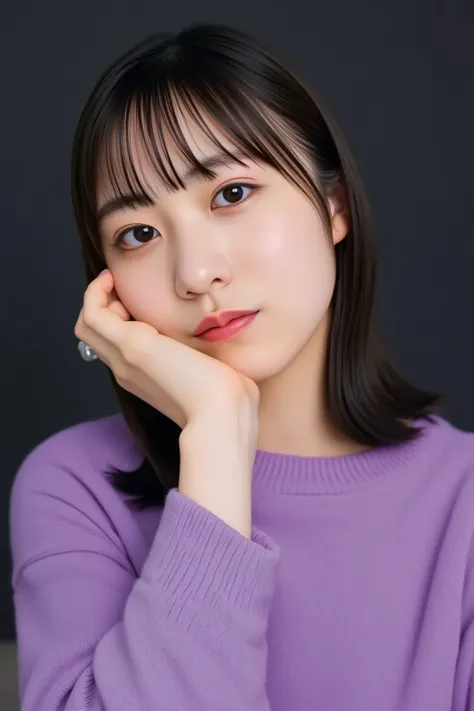 A photograph of a young asian woman with fair skin and long,straight dark hair,styled in a simple,elegant manner. She has a slender face with delicate features,including arched eyebrows,almond-shaped eyes,and a small nose. Her lips are slightly parted,and ...