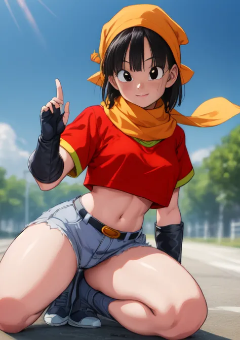  masterpiece,  the best quality ,  the highest quality ,  photorealistic, perfect anatomy,  perfect face,  perfect eyes,
pandballgt, 1 ,  black eyes,  black hair ,  short hair,  orange scarf,  pants, fingerless gloves, red shirt, Crop top, exterior, , Wome...