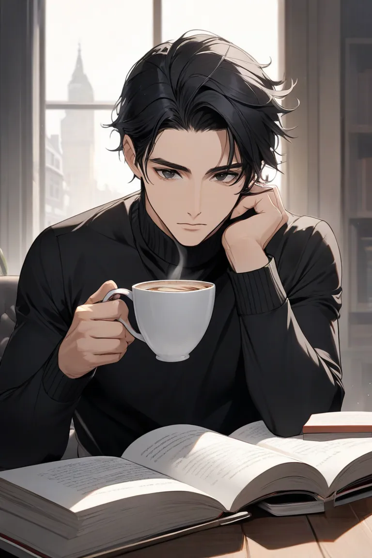 A good-looking man with black hair, black eyes, wearing a black turtleneck shirt, reading a book while sipping coffee.